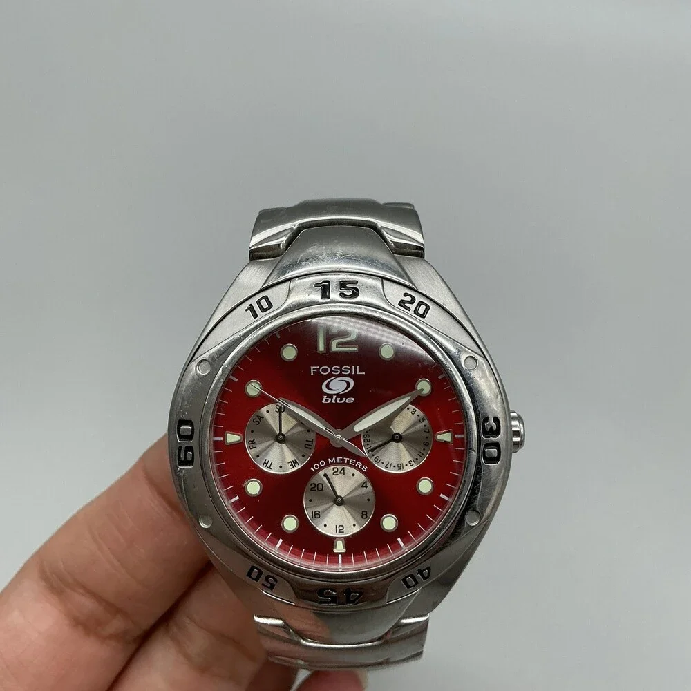 Fossil Blue Mens Watch 39mm Red Dial Stainless Steel Diver 100M New Battery 7